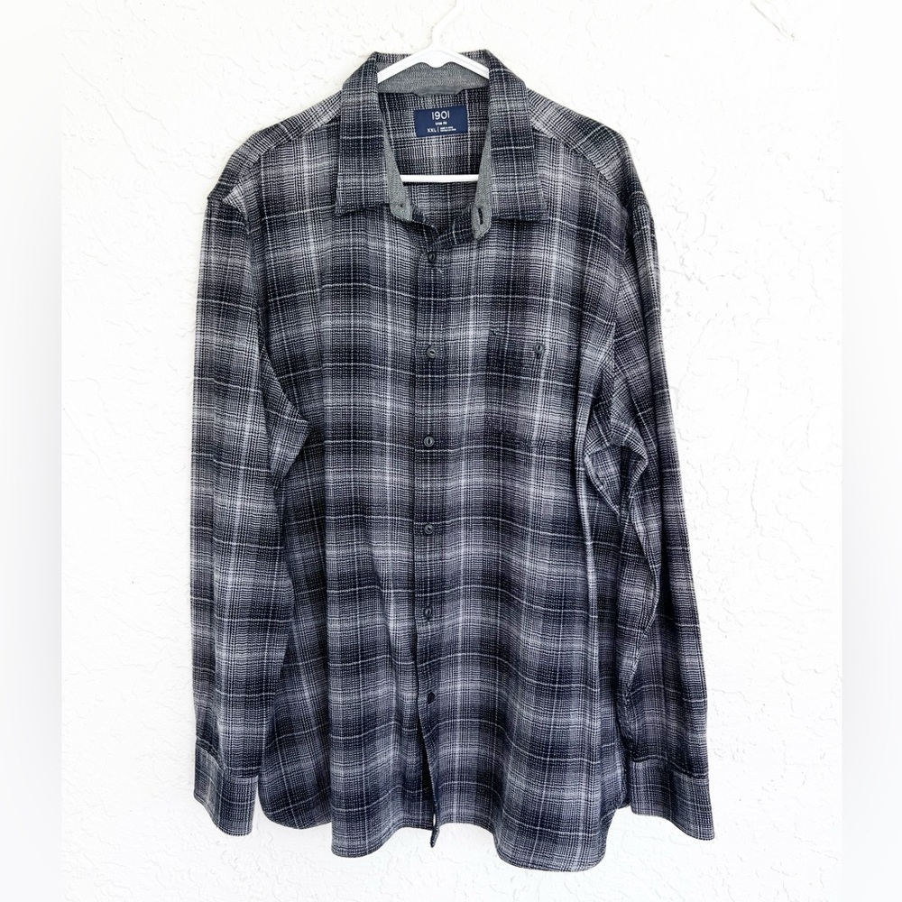 1901 Button Down Plaid Shirt Mens XXL Long Sleeve Cotton Check Trim Fit